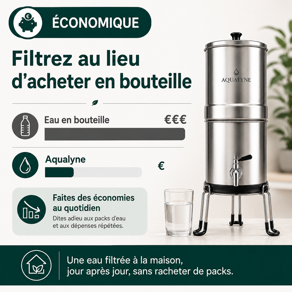 Filtre à Eau Gravitaire Inox 8,5L - Aqualyne - 2 Filtres Charbon Actif + Support Inclus