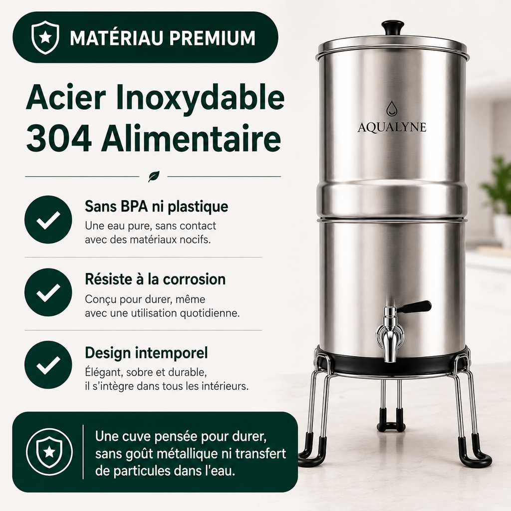 Filtre à Eau Gravitaire Inox 8,5L - Aqualyne - 2 Filtres Charbon Actif + Support Inclus