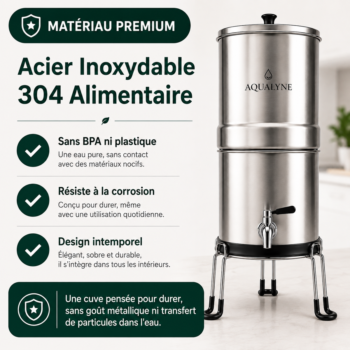Filtre à Eau Gravitaire Inox 8,5L - Aqualyne - 2 Filtres Charbon Actif + Support Inclus