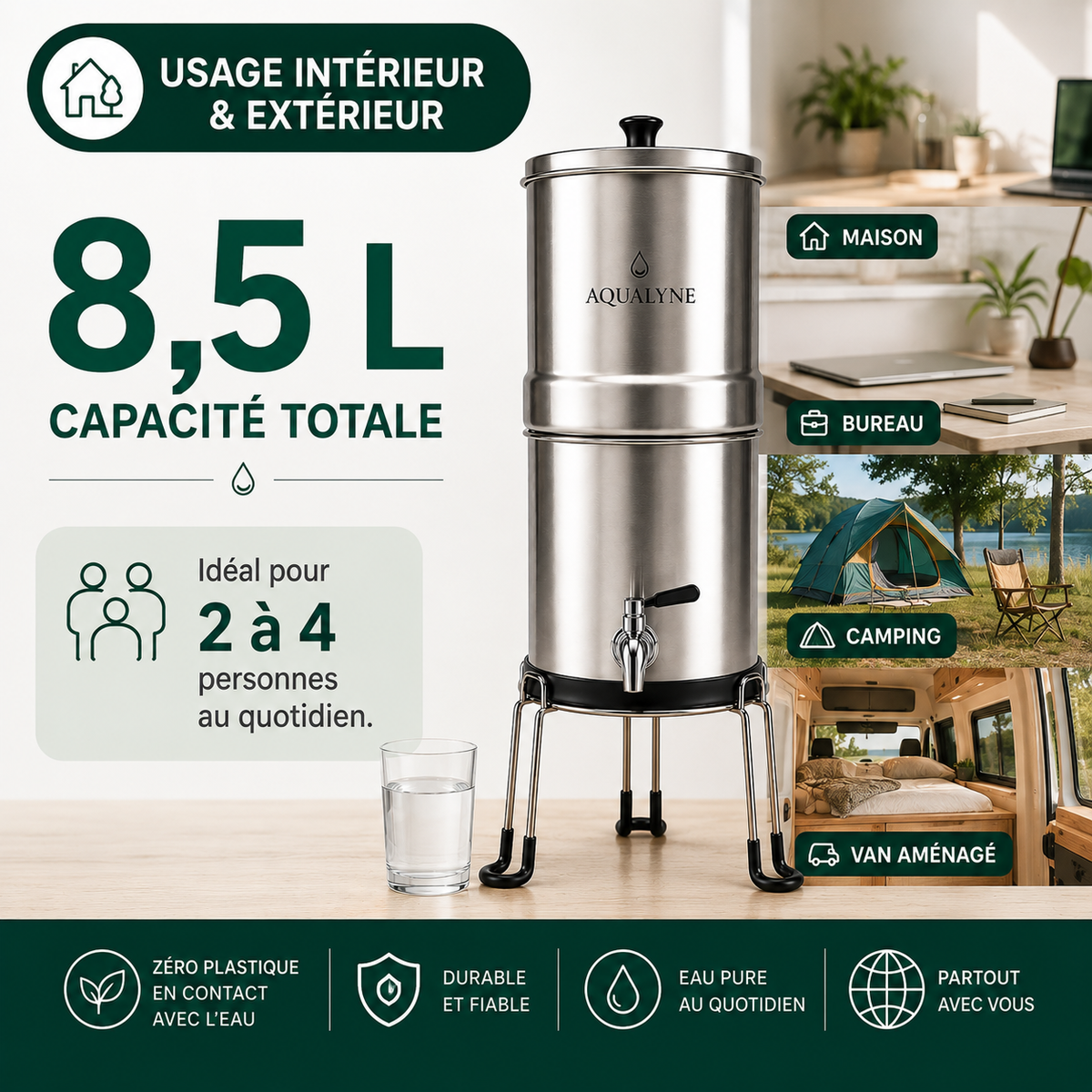 Filtre à Eau Gravitaire Inox 8,5L - Aqualyne - 2 Filtres Charbon Actif + Support Inclus